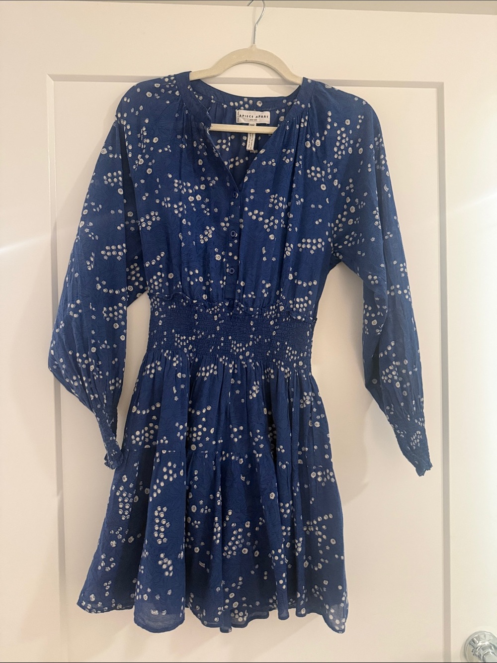 APIECE APART  Blue Dot Smocked-Waist Mini Dress
